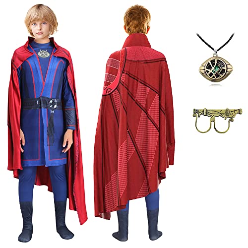 FUNTEKS Kids Dr Strange Costume Cosplay Jumpsuit Cloak with Necklace Ring Outfit 2023 Halloween Costume for Boys