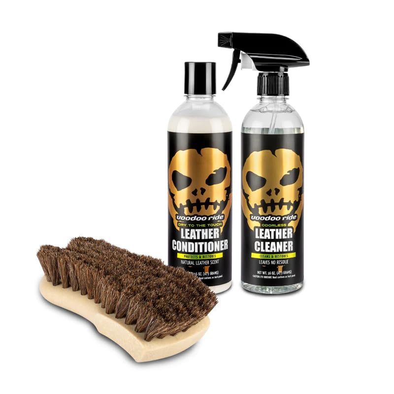 Voodoo Ride Ultimate Leather Care Kit: DYE-Free & Scent-Free Cleaner Solution Spray, Leather Conditioner, and Horsehair Long Bristle Cleaning Brush