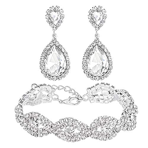 Miraculous Garden 2 Pack Silver Plated Crystal Rhinestone Teardrop Drop Dangle Earrings Link Bracelet Jewelry Set for Women Girls