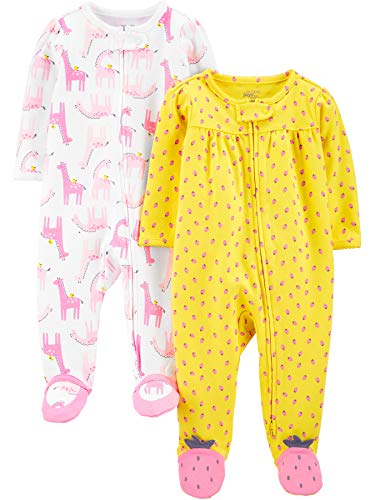 Simple Joys by Carter's Baby Girls' Fleece Footed Sleep and Play, Pack of 2, White Giraffe/Yellow Strawberries, 3-6 Months