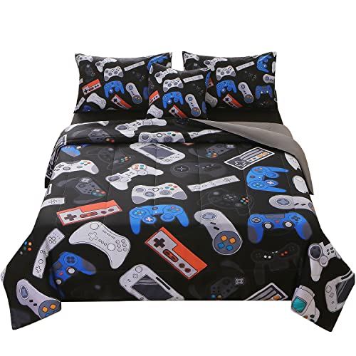 JQinHome Twin Gamer Comforter Set for Boys,6 Piece Bed in A Bag 3D Video Game Bedding -All Season Soft Microfiber Down Alternative Comforter Gamer Bedding Sets for Kids