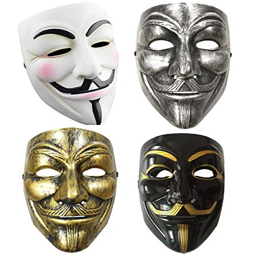 Ayaoch 4packs V for Vendetta Guy Mask Halloween Costume Cosplay Masquerade Prop Bar Party Masks Unisex (White Black Silver Golden) (White Black Silver Golden)