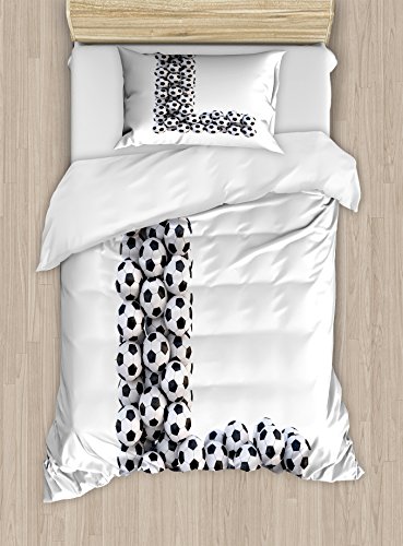 Ambesonne Letter L Duvet Cover Set, Letter L with Football Theme Soccer Balls in Vertical and Horizontal Order, Decorative 2 Piece Bedding Set with 1 Pillow Sham, Twin Size, White Black