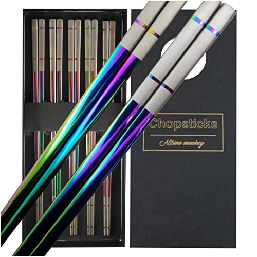 Albino Monkey Reusable Chopsticks - Extra Long 9' - 5 Pairs per Pack - Made of Food-Safe Stainless Steel - Holographic Design - Asian Dining Utensils for Home Kitchen & Restaurants - Nice Giftable Box