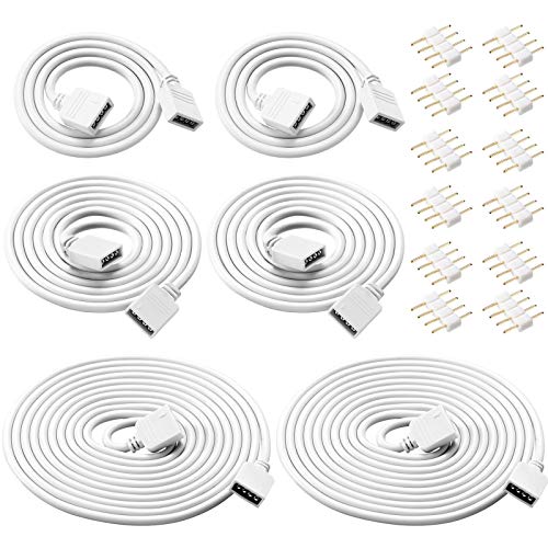 6 Pieces 4 Pin RGB Extension Cable LED Strip Connector Cord Wire Solderless Strip Jumper Cables Kit with 12 Pieces Pin Connector for 5050 3528 RGB LED Strip Light (White,1.6 FT, 3.3 FT, 6.6 FT)