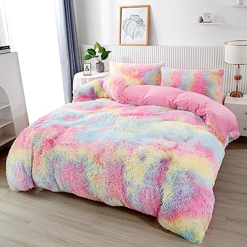 PERFEMET 3 Pcs Faux Fur Pink Comforter Set Queen Fluffy Shaggy Tie Dye Bedding Set for Girls Colorful Rainbow Ultra Soft Plush Velvet Furry Bedding Quilt Set(Pink, Queen)
