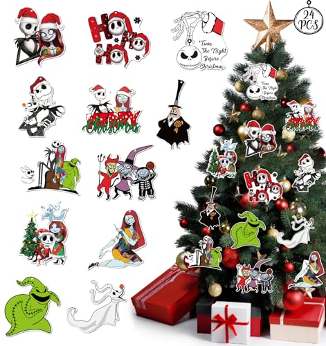 GYGOT 24PCS Nightmare Christmas Ornaments,Nightmare Christmas Decor for Tree, Jack Sally Paper Hanging Ornaments for Tree Xmas Party Supplies