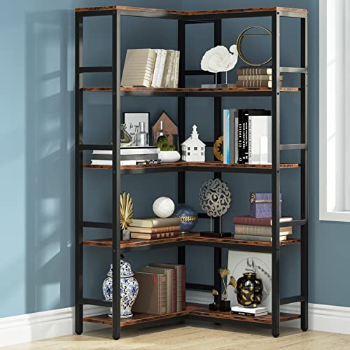 Tribesigns 5 Tier Corner Bookshelf, Industrial Large Corner Etagere Bookcase, 5-Shelf Tall Corner Shelf Storage Display Rack for Living Room Home Office, Rustic Brown
