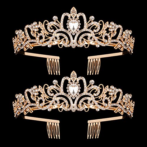 2 Pack Gold Crystal Crowns Tiara for Women, Girls Elegant Princess Rhinestone Crown with Combs, Bridal Wedding Headbands Prom Birthday Party Halloween Hair Accessories Jewelry Gifts for Women Girls