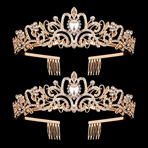 2 Pack Gold Crystal Crowns Tiara for Women, Girls Elegant Princess Rhinestone Crown with Combs, Bridal Wedding Headbands Prom Birthday Party Halloween Hair Accessories Jewelry Gifts for Women Girls