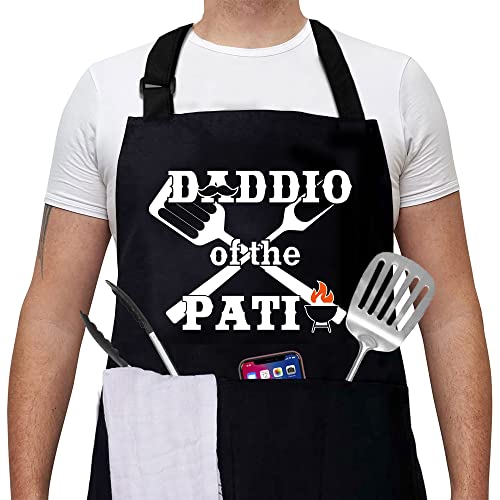 Cusugbaso Funny Fathers Day Gift, Grill Aprons for Men with Three Pockets - Daddio of the Patio - Bbq Apron Father's Day, Christmas, Birthday Gifts for Husband, Dad, Men from Daughter, Son, Wife