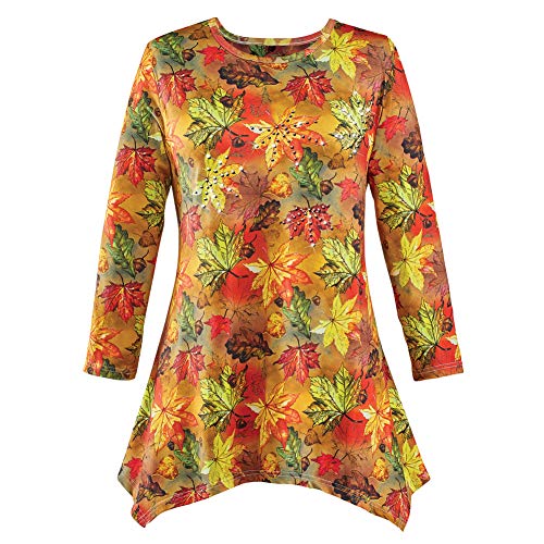 Collections Etc Knit Falling Leaves Design Shark Bite Tunic with Flattering Scoop Neckline Rust