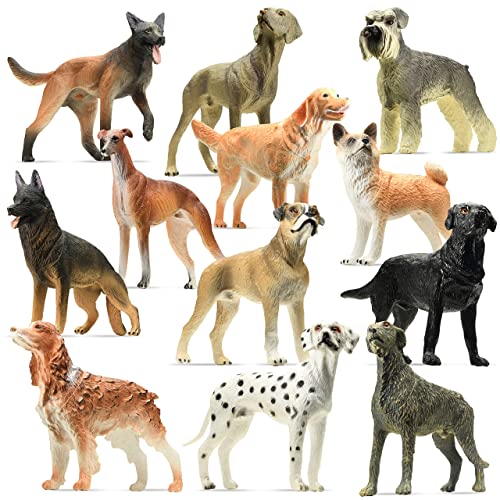 stargo Friendly Dog Figurines for Kids and Toddlers - Plastic Dogs Set of 12 Realistic Play Figures - Non-Toxic Cake Topper, Farm Animal Figurines, 3.5'x5', Age 3+