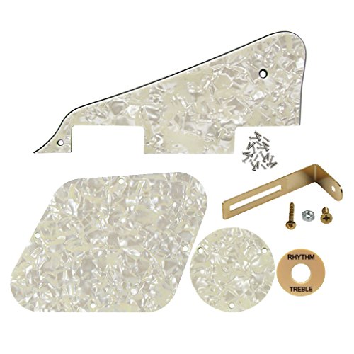 FLEOR 4Ply Aged Pearl Guitar Pickguard Scratch Plate Back Plate Guitar Screws Set & Toggle Switch Plate(Cream) & Golden Bracket Fit Gibson Les Paul Pickguard Replacement