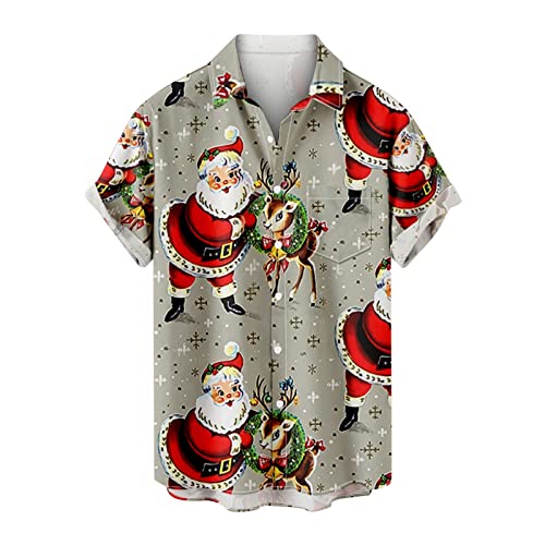 Christmas Button Up Shirt for Men Xmas Santa Gift Hawaii Shirt Lapel Winter Vacation Aloha Shirt Beach Resort Gray