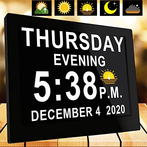 【Upgraded】 19 Alarms Dementia Clock w/Remote Control, Custom Alarms,10 Auto-Dim Options, Non-Abbreviated Day Date Clock for Vision Impaired Elderly, Memory Loss Alzheimers (8 Inch)