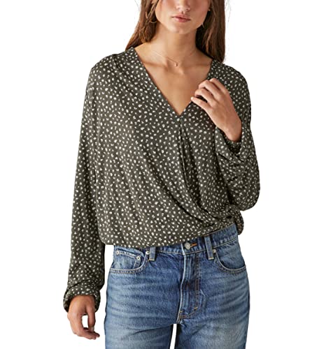 Lucky Brand Women's Long Sleeve Wrap Top, Black Floral Print, Large