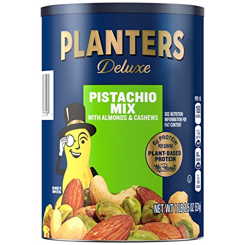 PLANTERS Pistachio Lovers Nut Mix, Mixed Nuts Snack with Pistachios no shell, Almonds & Cashews, Party Snacks, Plant-Based Protein, After School Snack, Bulk Nuts, Kosher 1lb 2.5oz Canister