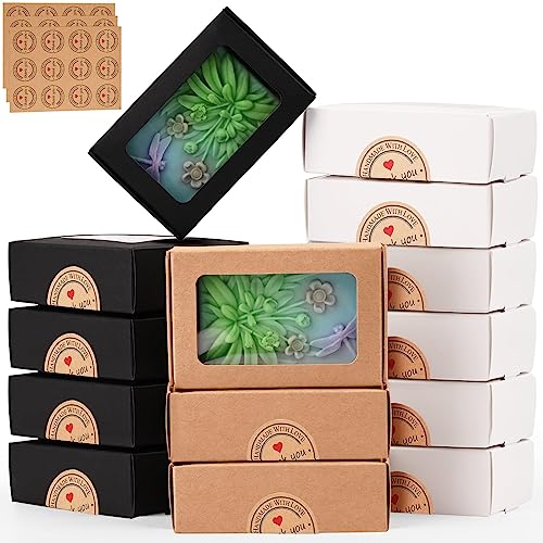 Moukiween 30 Pcs Soap Boxes for Homemade Soap,3.54 X 2.36 X 1.2 Inch Soap Boxes with Window,3 colors Kraft Soap Packaging Boxes Supplies, Brown Black White