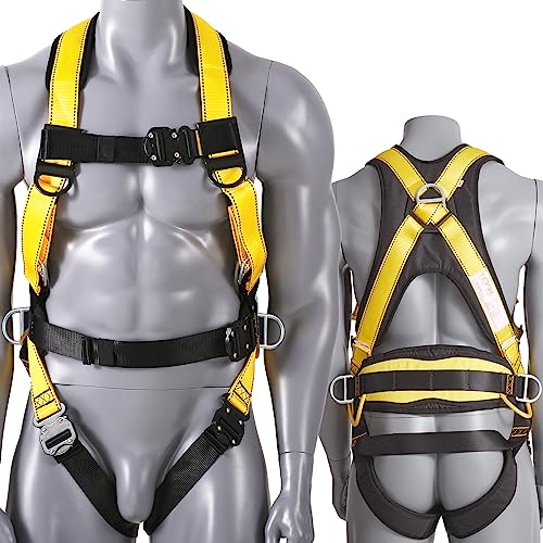 VEVOR Safety Harness, Full Body Harness, Safety Harness Fall Protection with Added Padding, and Side Rings and Dorsal D-Rings and a Lanyard, ANSI/ASSE Z359.11-2014, 340 lbs Max Weight, L