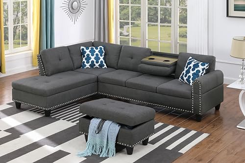 ERYE 3 Piece Modular Sectional, L-Shaped 5 Seaters Corner Comfy Upholstered Sofa & Couch with 2 Cup Holders and Storage Ottoman for Home Apartment Office Living Room Furniture Sets, Grey Right Chaise