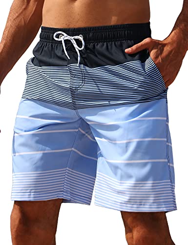 ELETOP Men's Swim Trunks Quick Dry Board Shorts Beach Swimming Trunks Holiday Bathing Suits Stripe Blue TK117 L