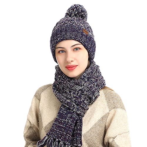 ENVEZ Winter Beanie Hat Scarf Touchscreen Gloves Set for Women Men Knitted Fleece Lined Pompom Hats Thermal Gloves Long Scarf