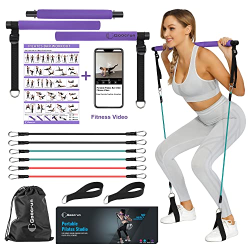 Goocrun Portable Pilates Bar Kit with Resistance Bands for Men and Women - 6 Exercise Resistance Bands(15, 20, 30 LB)- Home Gym Equipment - Supports Full-Body Workouts – with Fitness Poster and Video