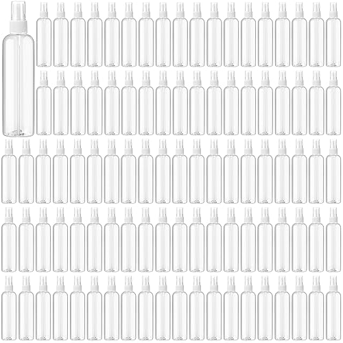 Tanlade 100 Pcs 8 oz Empty Spray Bottles with Pump Spray Cap Refillable Clear Plastic Misting Spray Bottles Fine Mist Spray Bottle for Hair Essential Oils Beauty Products Cleaning Travel (White)