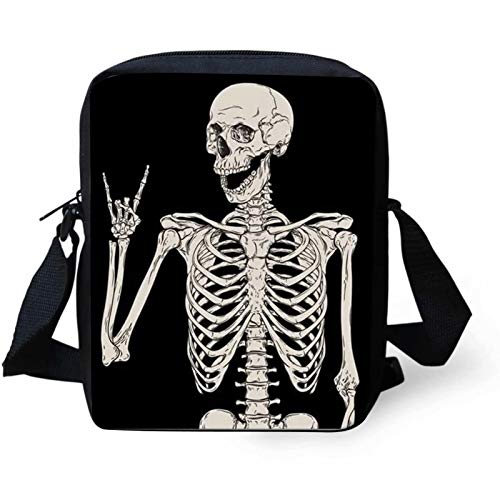 Snilety Rock Skeleton Skull Printed Kid Student Mini Cross Body Bags for Men Women Messenger Bag Phone Purse Wallet Black