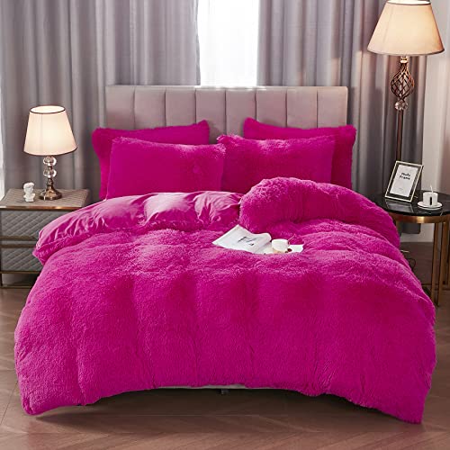 WERDIM Shaggy Fluffy Faux Fur Duvet Cover Set Button Closure Velvety Bedding Set Comforter Cover with Pillowcases Hot Pink, Queen Size