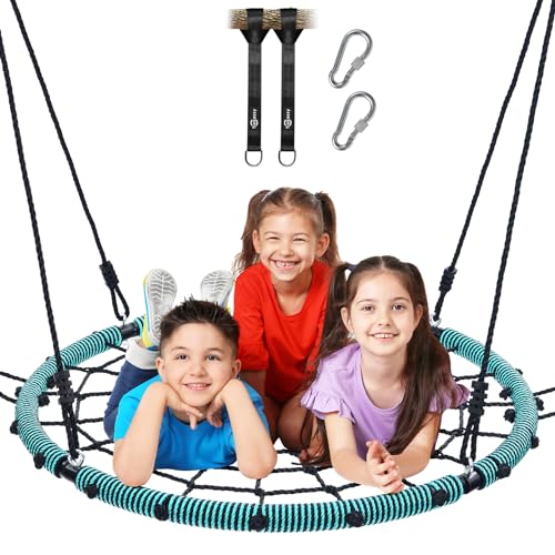 Trekassy 750lbs 40“ Spider Web Saucer Tree Swing for Kids Adults, Outdoor Net Swing with Steel Frame and 2 Hanging Straps-Green