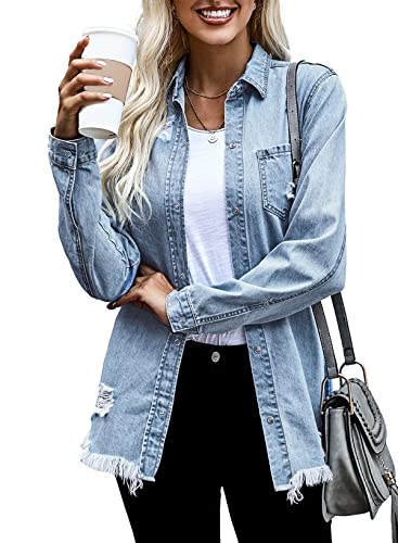 Dokotoo Vintage Denim Jean Jacket Oversize Long Sleeve Boyfriend Mid Long Coat Classic Distressed Trucker Jackets,US 12-14(L),Sky Blue