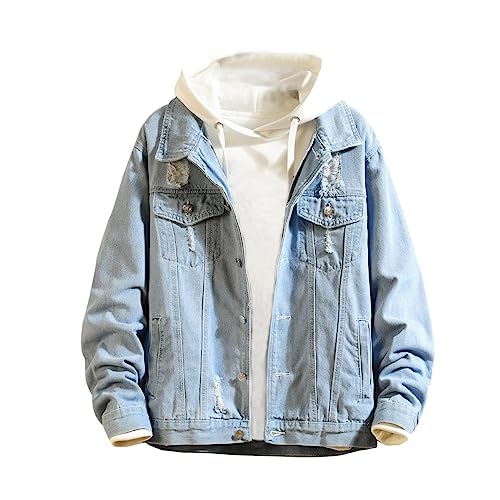 Lavnis Men's Denim Distressed Jacket Casual Button Down Trucker Jacket Jean Coat Blue M