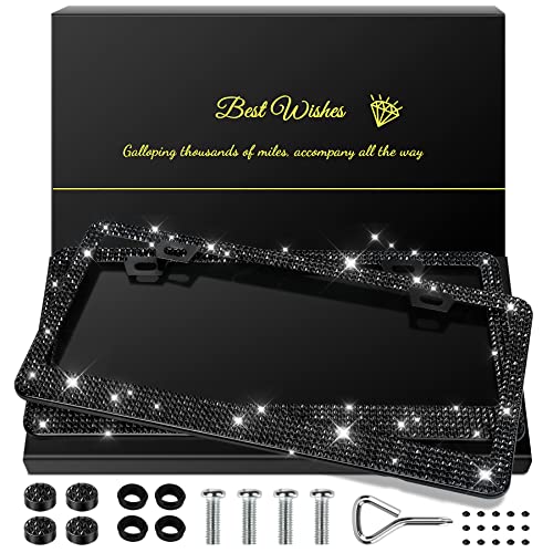 QUANQIUFEI 2 Pack Bling License Plate Frames for Women, Sparkly Rhinestone Diamond Car Accessories for Women, Handcrafted Stainless Steel Car License Plate Cover with Glitter Crystal Caps (Black)