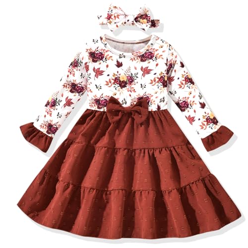 2-3T Toddler Girl Floral Outfit Flare Long Sleeve Thanksgiving Dress Fall Winter Clothes with Headband Brown