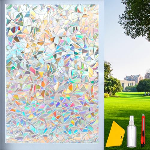 Rainbow Window Privacy Film Decorative, Stained Glass Window Tint for Home, 3D Decals Window Clings for Glass Windows, Static Cling Window Sticker, Suncatcher Window Cover, 17.5 Inch x 78.74 Inch