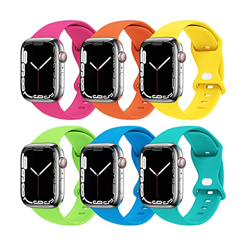 THWALK 6 Pack Bands Compatible with Apple Watch Band 41mm 40mm 38mm 49mm 45mm 44mm 42mm iWatch Silicone Band Ultra 2/Ultra SE Series 9/8/7/6/5/4/3/2/1 for Women Men (42mm/44mm/45mm S/M, 6 PACK G-Hot Pink/Orange/Neon Yellow/Apple Green/Surf Blue/Teal)