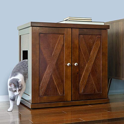 THE REFINED FELINE Cat Litter Box Enclosure Cabinet, Farmhouse, Mahogany Brown, Adjustable Levelers, Large, Hidden Litter Cat Furniture with Drawer