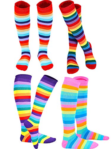 SATINIOR 4 Pairs Rainbow knee socks Women Colorful Striped High Socks Girls Thigh High Stockings