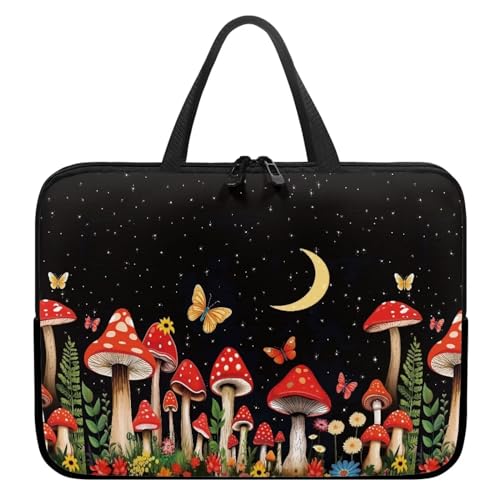 Uasibuni Black 17In Laptop Case for Women Stylish Laptop Bag for Lady 14In 15.6In,Slim Laptop Case for Women with Moon Mushrooms Print,Laptop Tote Bag for Women Gift for Women Lady