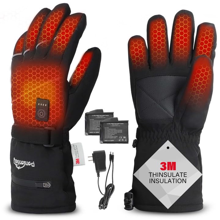 Ponsonbay Heated Gloves for Men Women Rechargeable Battery Heated Gloves for Ski Snowboarding Cycling 3 Level Temperature Control Thermal Touchscreen Winter Heated Gloves Waterproof & Windproof (L)