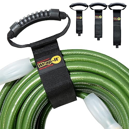 Easy-Carry Wrap-It Storage Straps - Assorted 3-Pack Black – Hook and Loop Straps with a Carrying Handle for Garden Hose, Extension Cord, Cable, Garage, Boat, RV Accessories Organization