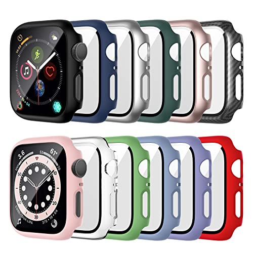 12 Pack Case Compatible for Apple Watch 44mm SE (2nd Gen) Series 6 5 4 SE Tempered Glass Screen Protector, Haojavo Full Hard PC Scratch Resistant Bumper Protective Cover for iWatch Accessories