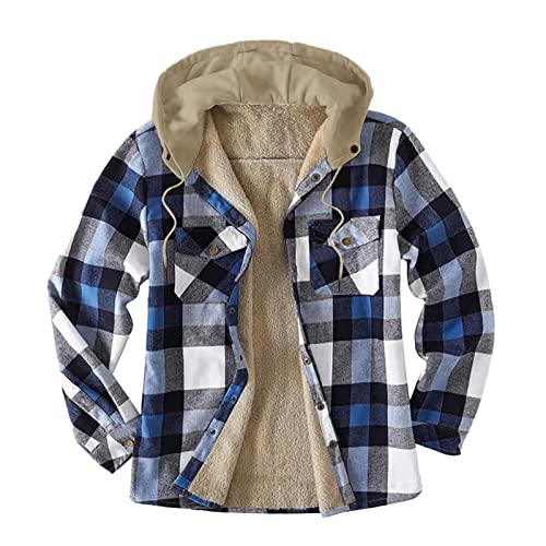 Mens Long Sleeve Quilted Lined Flannel Shirt Jacket with Hood Camp Berber Lined Hooded Sherpa Fleece Hoodies Coats B-blue