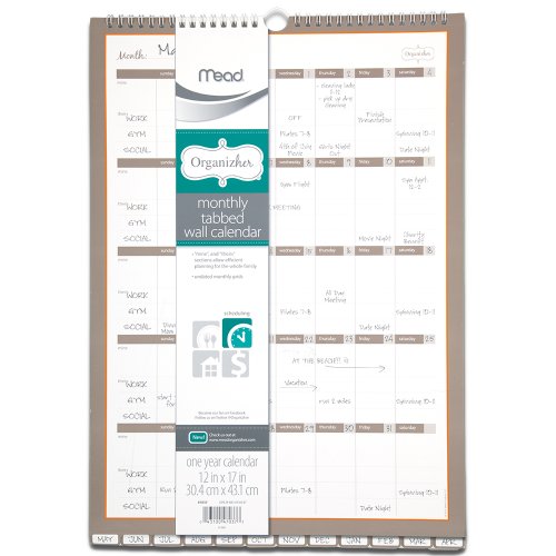 Mead Organizher Monthly Undated Tabbed Wall Calendar, One Year, 12 x 17 Inches (47037)