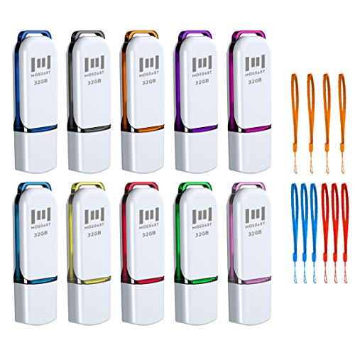 MOSDART 32GB USB 2.0 Flash Drive 10 Pack 32 GB Bulk Thumb Drives with Lanyards Jump Drive Memory Stick with LED Light for Storage and Backup