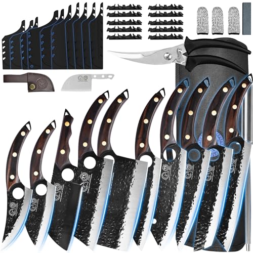 XYJ Authentic Since 1986,10 Pieces Kitchen Knife Set With Roll Bag,Scissors,Honing Steel,Whetstone,Large Butcher Knife,Forged Knives,Full Tang (Coffee)