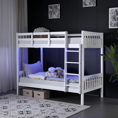 VINGLI Bunk Bed Twin Over Twin with LED Light/USB Port/15’’ Extra Tall Safety Guardrails for Kids, Teens & Adults, Heavy Duty Wood Slats, No Box Spring Needed, White