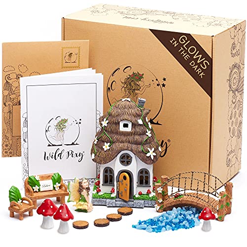 WILD PIXY Fairy Garden Kit - 13 Piece Glow in The Dark Fairy Garden Accessories, 7.1'' Outdoor Fairy House with Opening Door and Solar LED Light, Garden Door for Trees, Stones, Indoor/Outdoor Décor